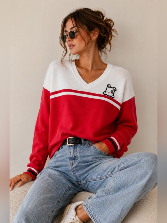 Ellen Degeneres Sweaters - L♡VE Ellen Degeneres | Red & White V-Neck Sweater with Dog Patch, Size M